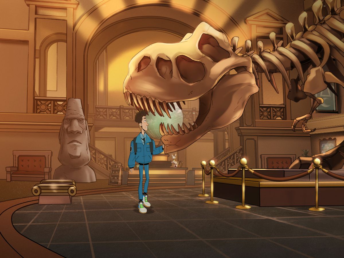 un adolescente animato vestito da guardia di sicurezza, che cammina sotto un grande t-rex in un museo poco illuminato 