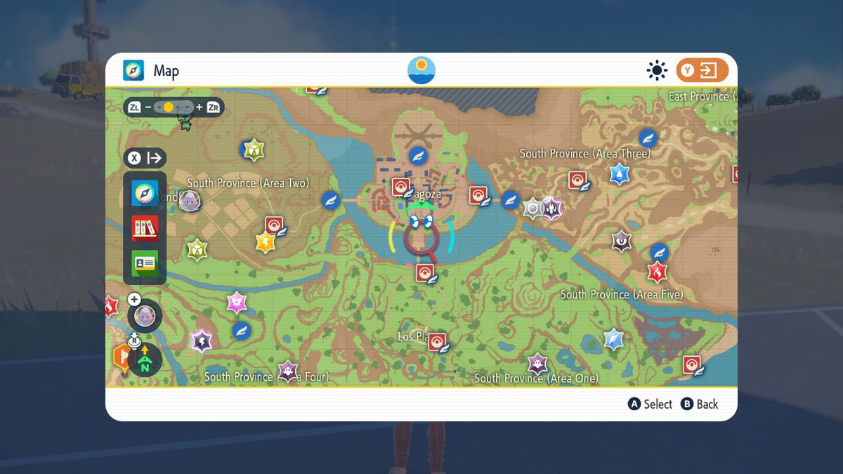 La mappa in Pokémon Scarlet mostra l'area meridionale della regione di Paldea, che include aree denominate come 