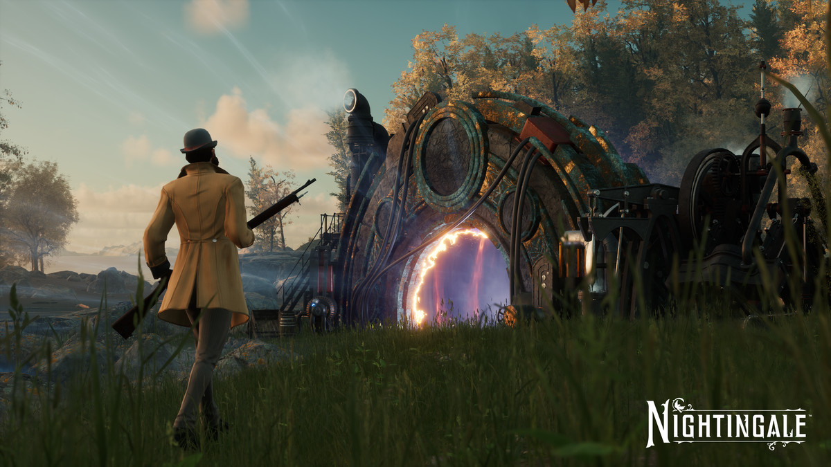 Uno screenshot di Nightingale, che mostra un personaggio che indossa una bombetta, una giacca e porta un fucile, mentre cammina verso uno strano portale che irradia un'energia misteriosa