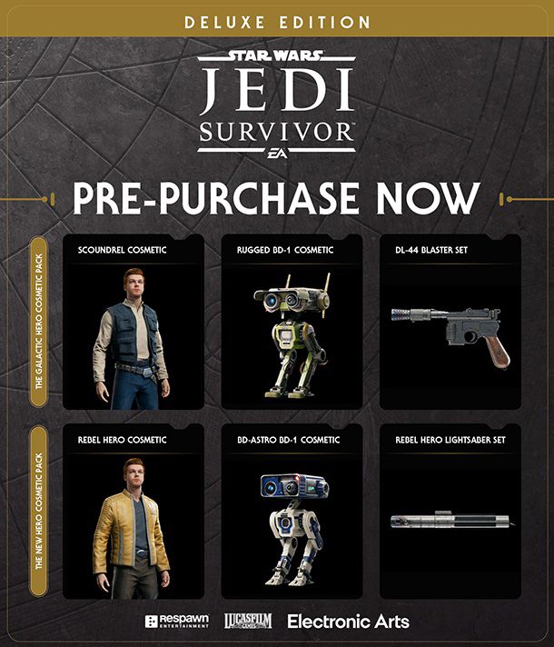 Una grafica per i bonus di prenotazione dell'edizione deluxe di Star Wars Jedi: Survivor, che include un cosmetico 