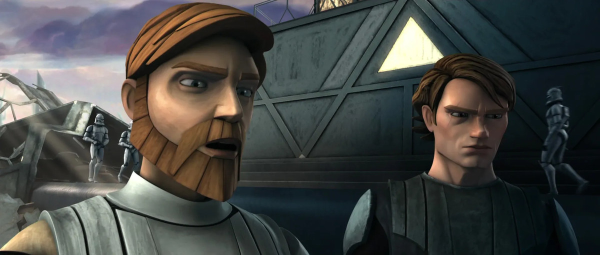 Obi-Wan Kenobi e Anakin Skywalker hanno un aspetto migliore rispetto al film Clone Wars.  Qui, guardano fuori dallo schermo, con i soldati della Repubblica dietro di loro, mentre Obi-Wan parla.
