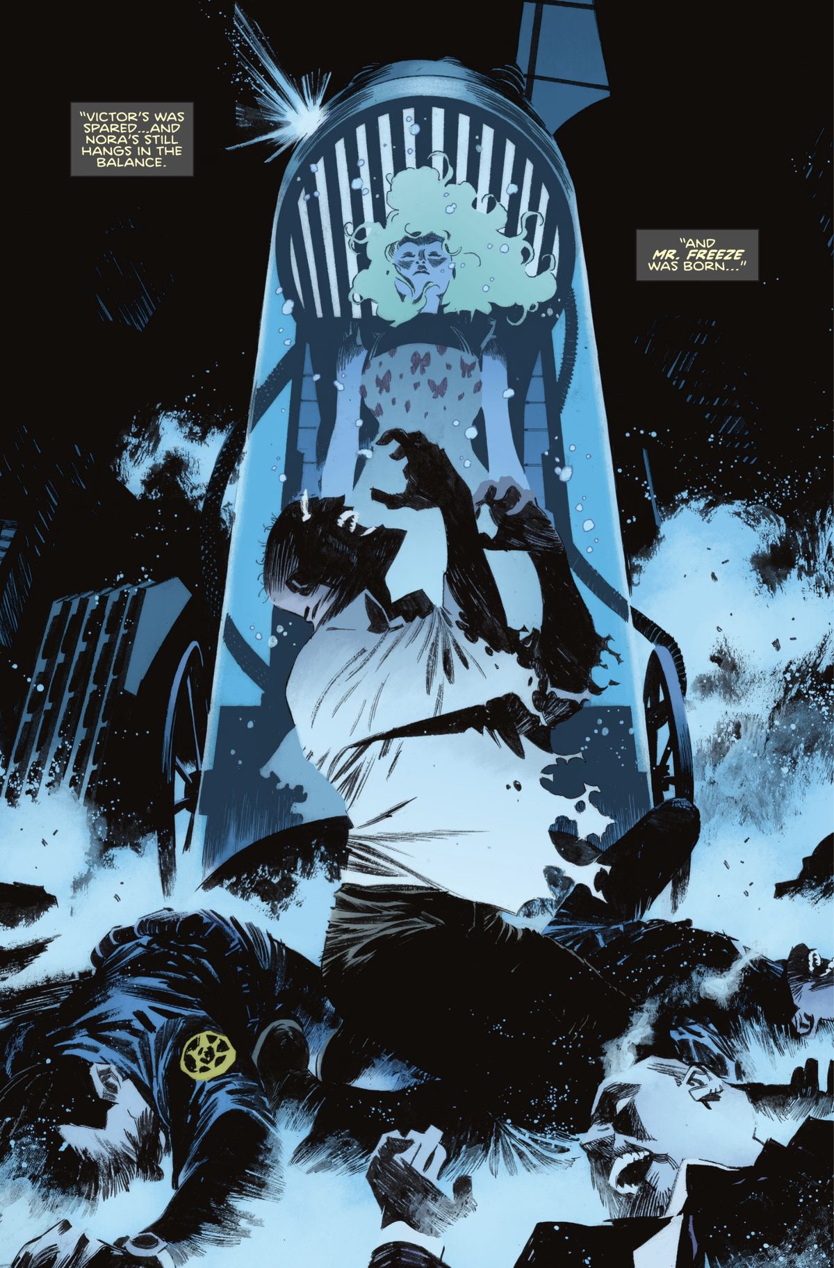 Raffigurato in blu ghiacciato e spazio negativo nero, Victor Fries cade in ginocchio in agonia davanti alla capsula che tiene la moglie malata in una stasi congelata in Batman: One Bad Day - Mr. Freeze. 