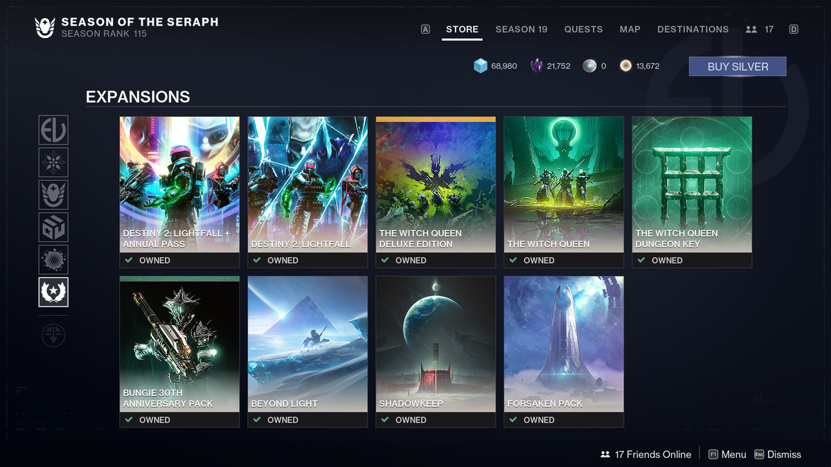 La schermata di acquisto dell'espansione di Destiny 2