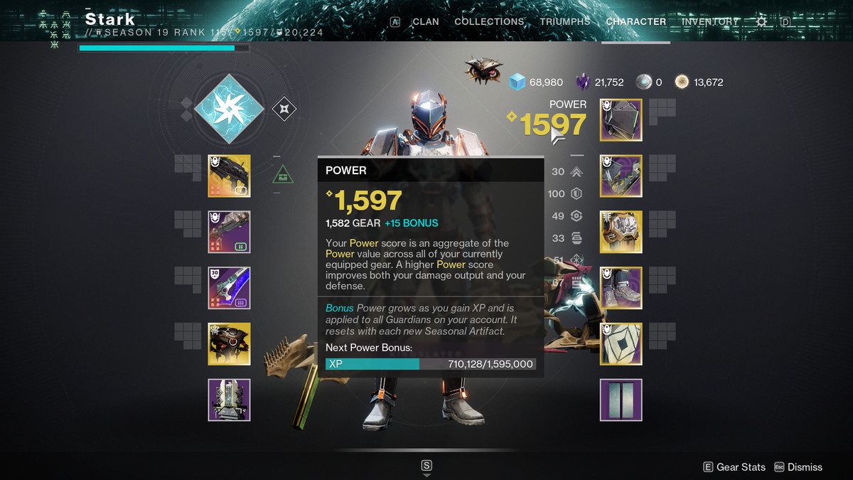 La schermata dell'inventario di Destiny 2, che mostra un Titano con un bonus di +15