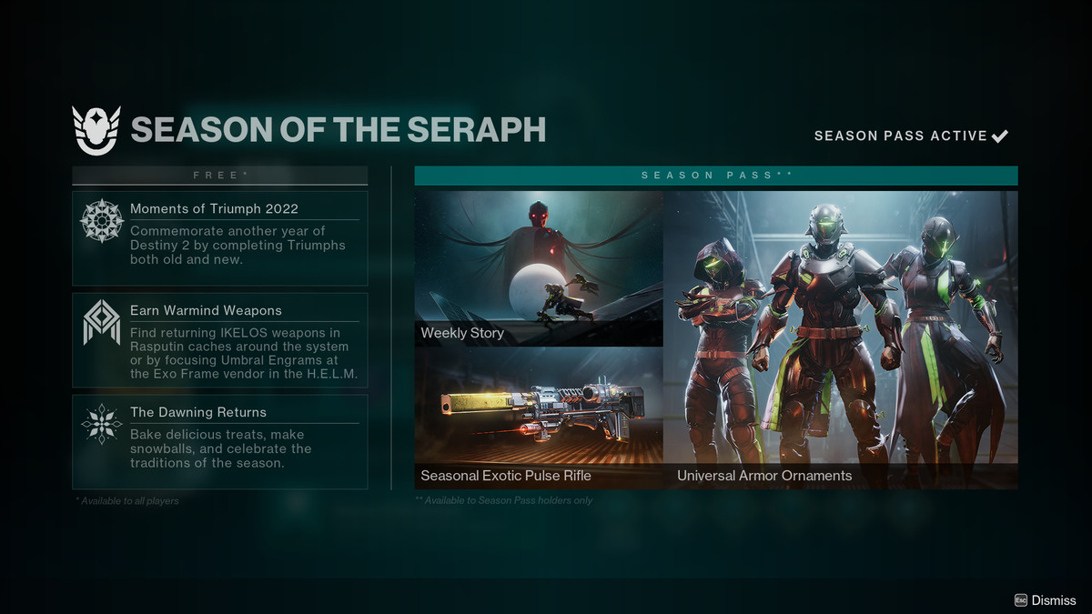 La schermata di suddivisione stagionale per la Stagione del Serafino in Destiny 2