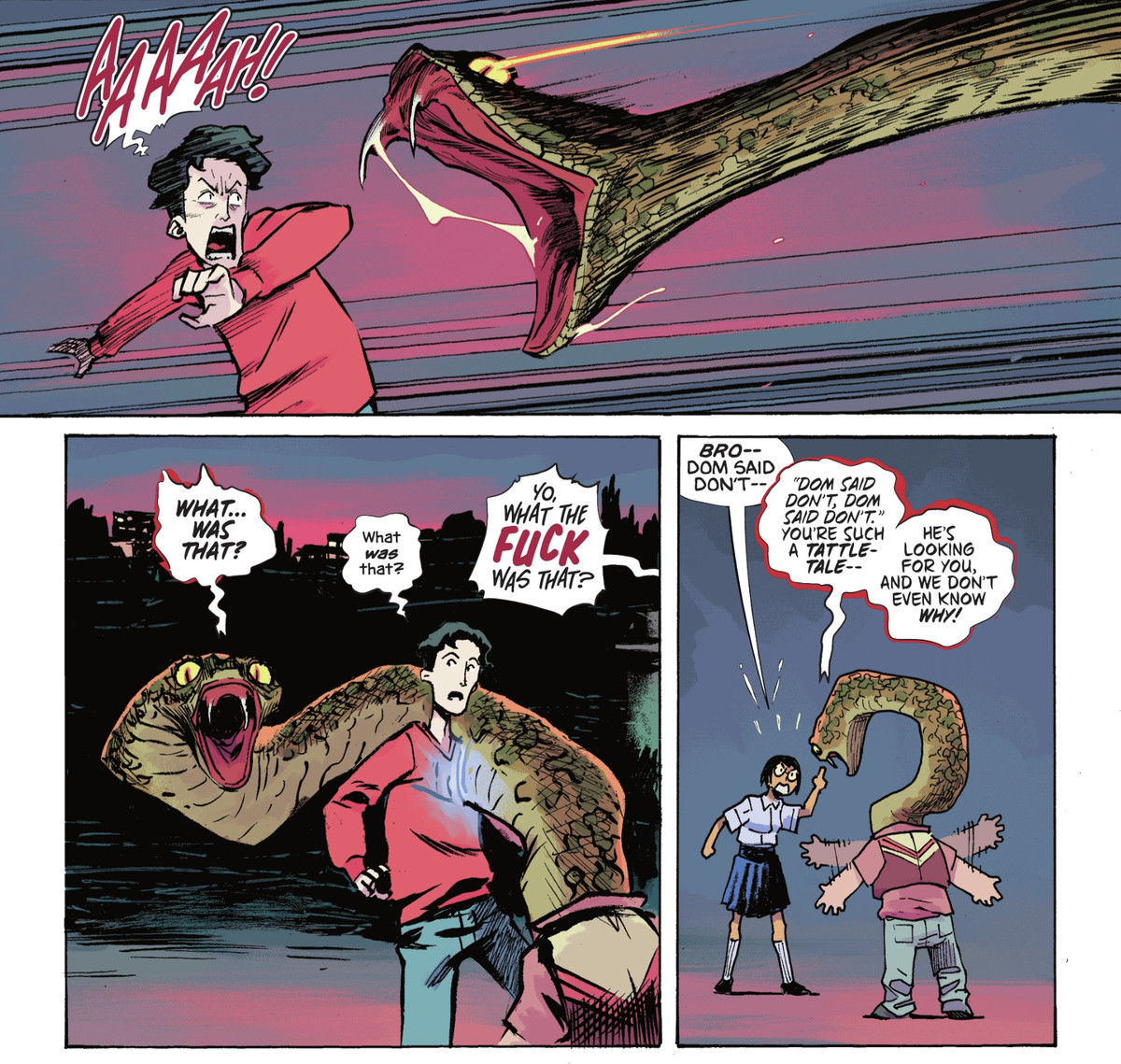 Un serpente gigante attacca improvvisamente un ragazzo urlante e lo attraversa perché sono entrambi fantasmi.  Infatti il ​​serpente gigante sta effettivamente uscendo dal collo di un normale ragazzo fantasma.  