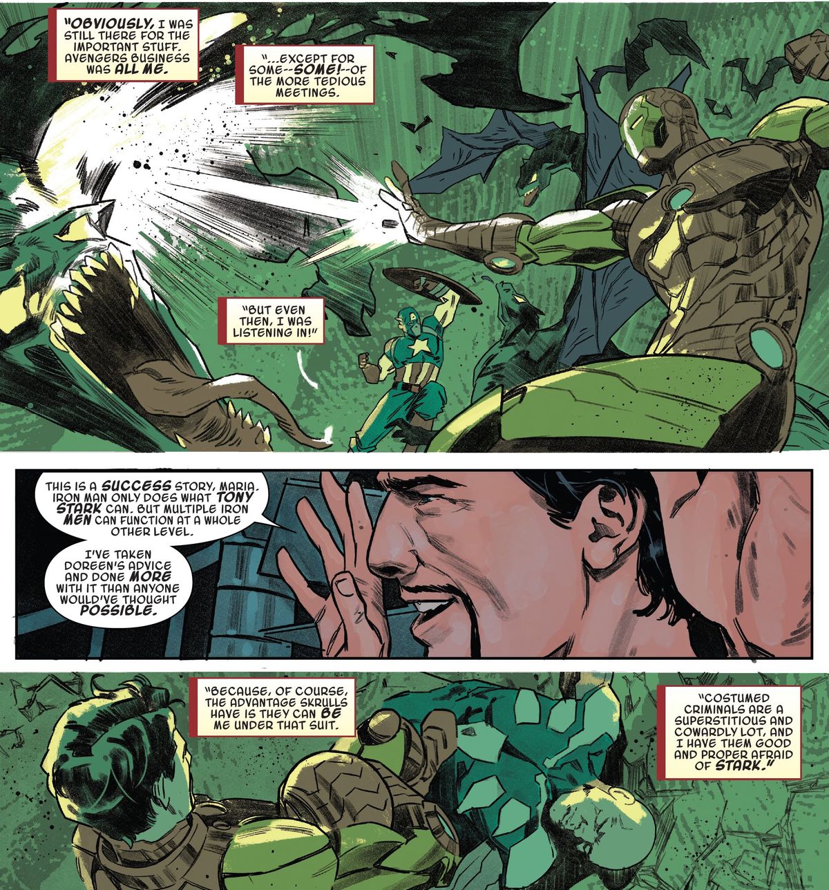 Iron Man spiega che il suo piano di assumere Skrull per fingere di essere lui e fare il lavoro di supereroi è stato ispirato da Squirrel Girl.  