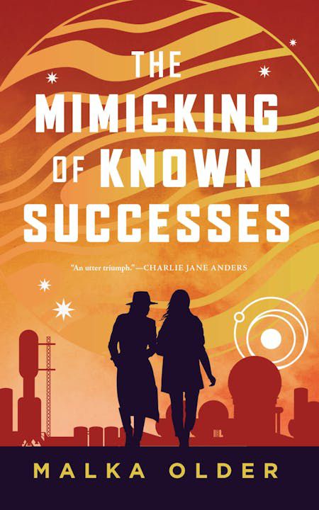 Immagine di copertina di The Mimicking of Known Successes, con due figure stagliate davanti a Giove incombente e un paesaggio urbano fantascientifico.