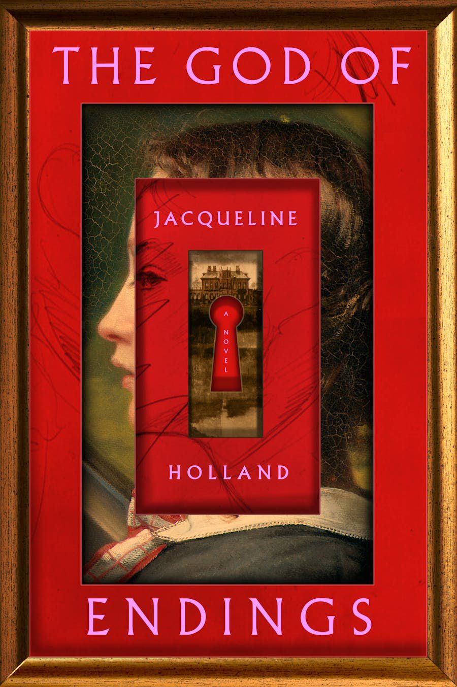 Immagine di copertina per The God of Endings di Jacqueline Holland, un ritratto laterale di una donna con quella che sembra una copertina di un libro più piccola (con un buco della serratura) sul viso.