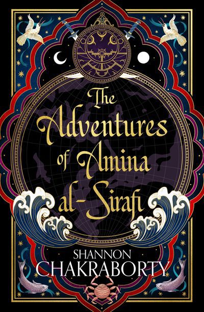 Immagine di copertina per Le avventure di Amina Al-Sirafi di Shannon Chakraborty, con un globo e onde.