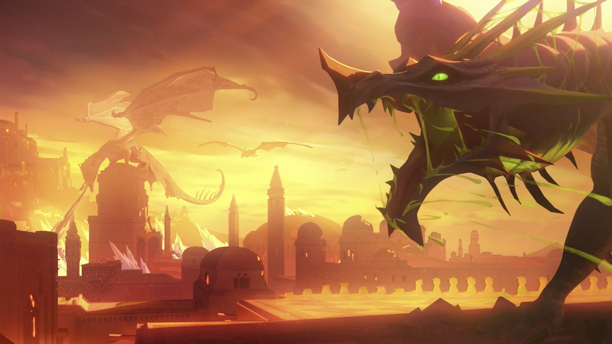 Un drago in primo piano che strilla, con altri due draghi sullo sfondo che conquistano un paesaggio urbano in un fotogramma della seconda stagione di The Legend of Vox Machina