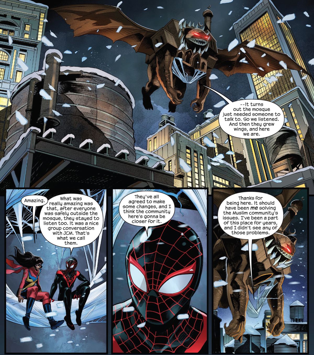 Miles Morales/Spider-Man e Ms. Marvel parlano di come Miles abbia aiutato i fedeli della sua moschea a fare amicizia con la loro moschea, a cui è stata data vita sotto forma di un enorme demone con le zanne.  Sono seduti su un'altalena fatta di ragnatele mentre torna a Jersey City in Dark Web: Ms. Marvel #2. 