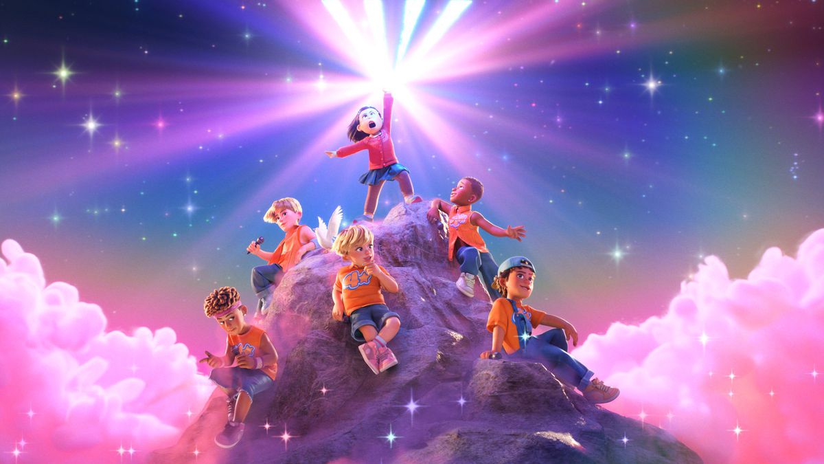 Una ragazza con un cappotto rosso e una gonna blu si erge su una montagna circondata da cinque ragazzi in magliette arancioni abbinate con nuvole viola sullo sfondo.