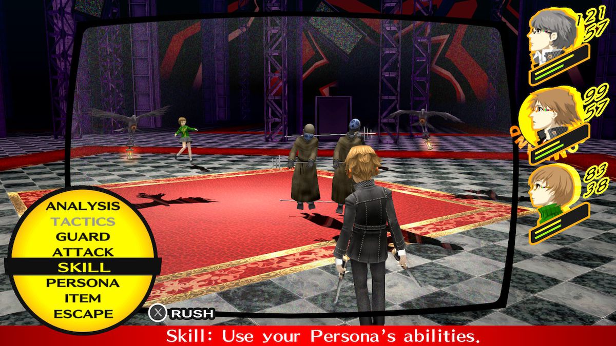 Il protagonista e Chie affrontano due demoni in un dungeon in Persona 4 Golden su Nintendo Switch