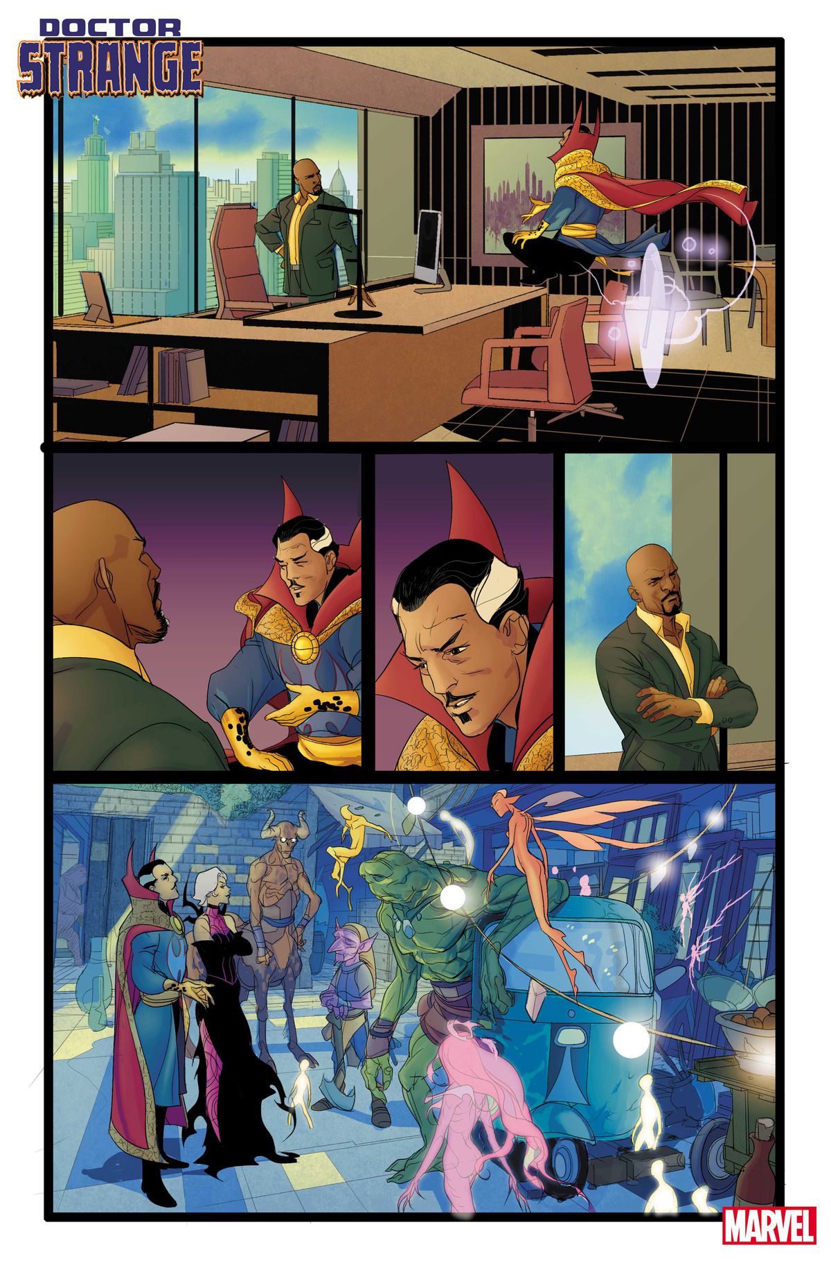 Doctor Strange parla con Luke Cage, sindaco di New York City, nel suo ufficio;  poi si vedono Clea e Strange parlare con una mezza dozzina di strane creature magiche per strada in Doctor Strange # 1 (2023).