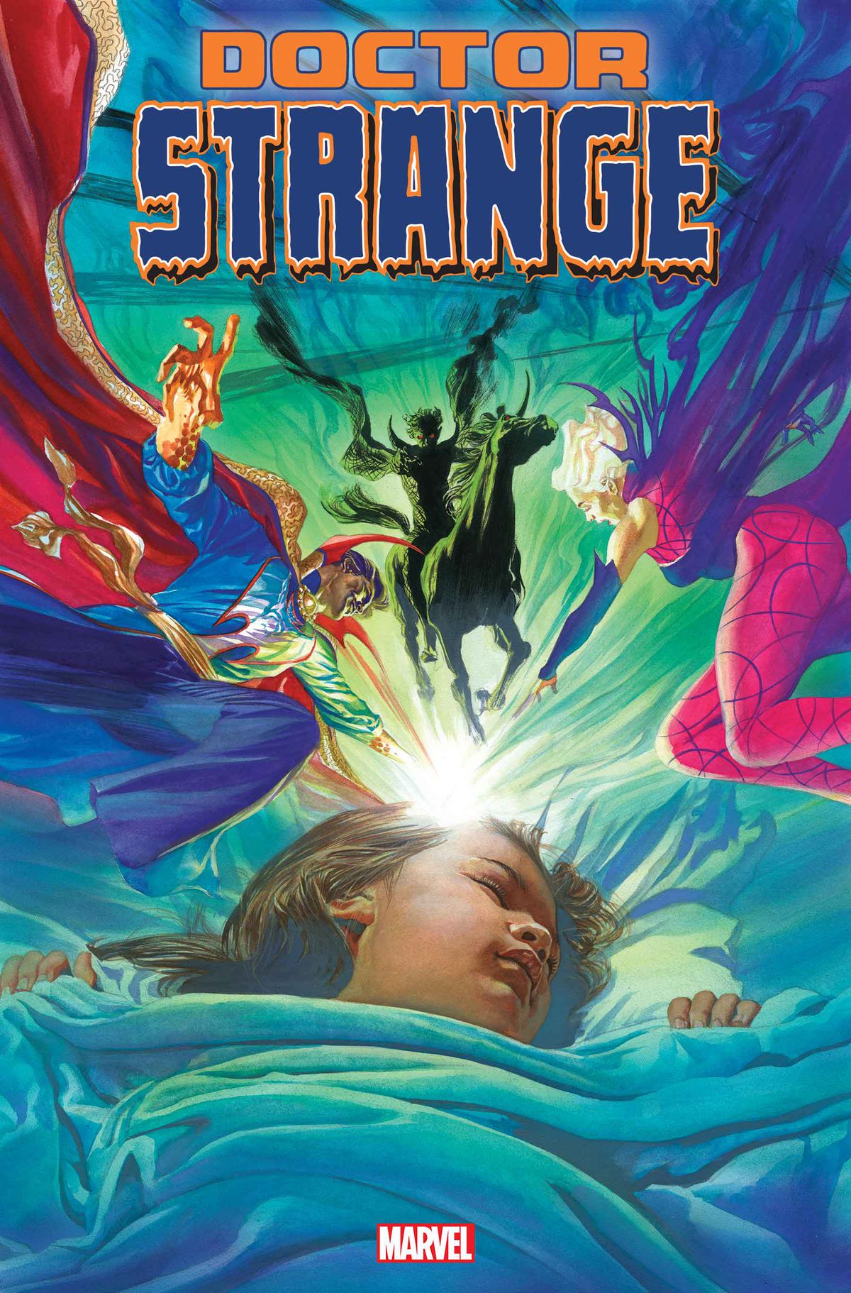 Doctor Strange e Clea sembrano essere attratti dai sogni di un bambino addormentato, mentre Nightmare guarda sul suo cavallo nero sulla copertina di Doctor Strange # 1 (2023). 