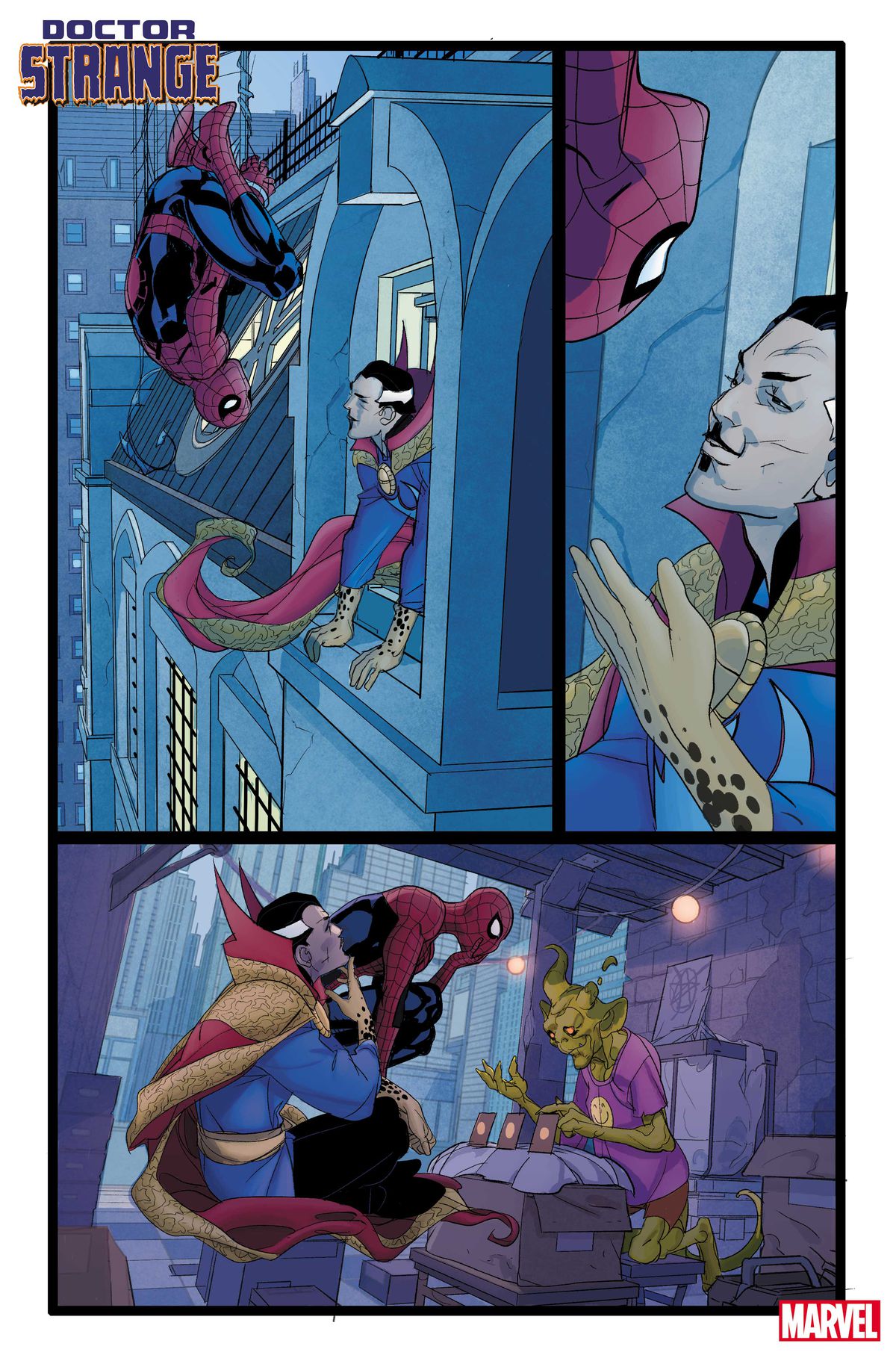 Doctor Strange chiacchiera con Spider-Man attraverso una finestra, e poi in un negozio fantasy di qualche tipo, in una pagina incompiuta di Doctor Strange # 1 (2023).