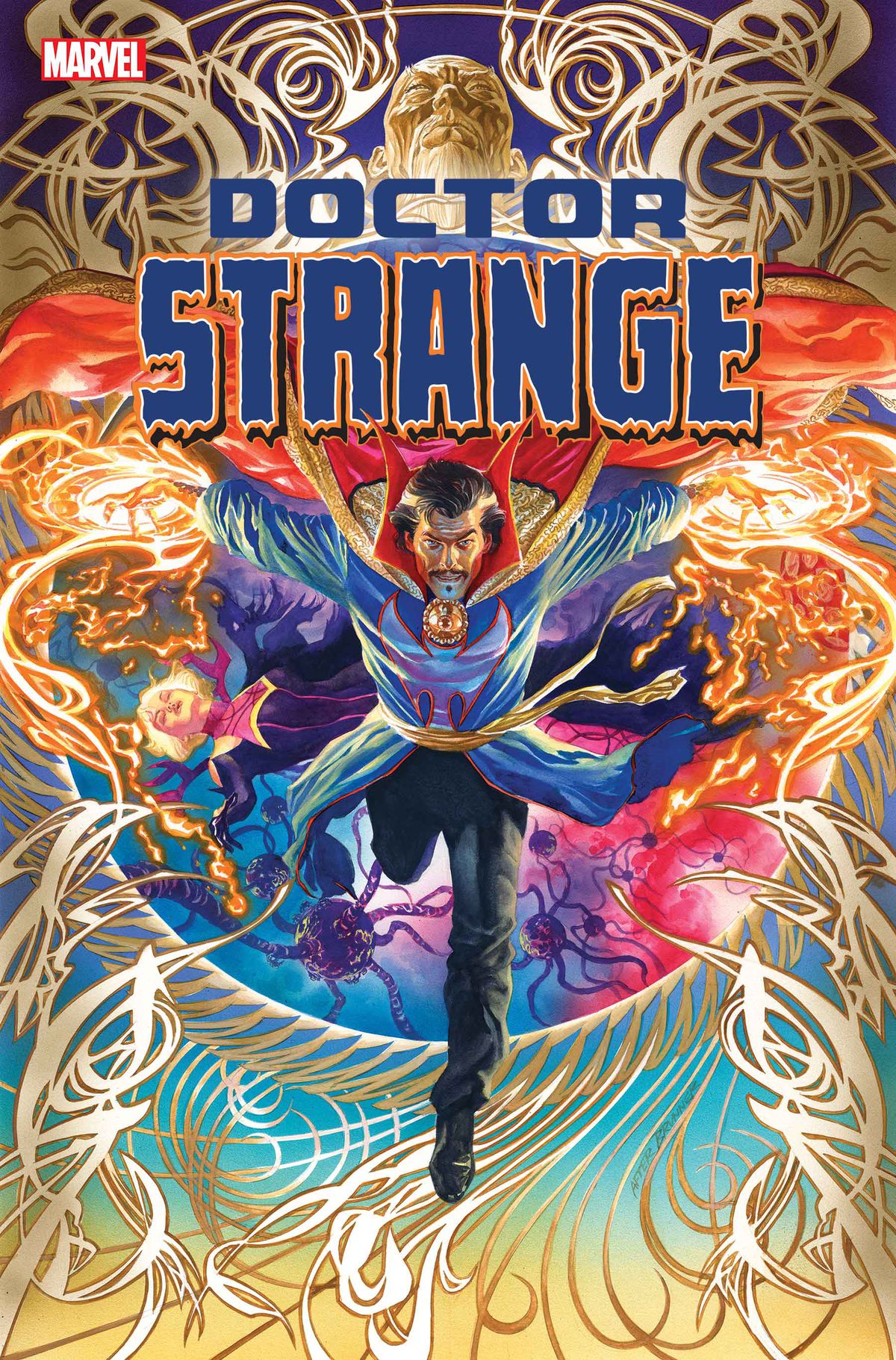 Doctor Strange balza verso lo spettatore in un vortice di magia sulla copertina di Doctor Strange #1 (2023). 