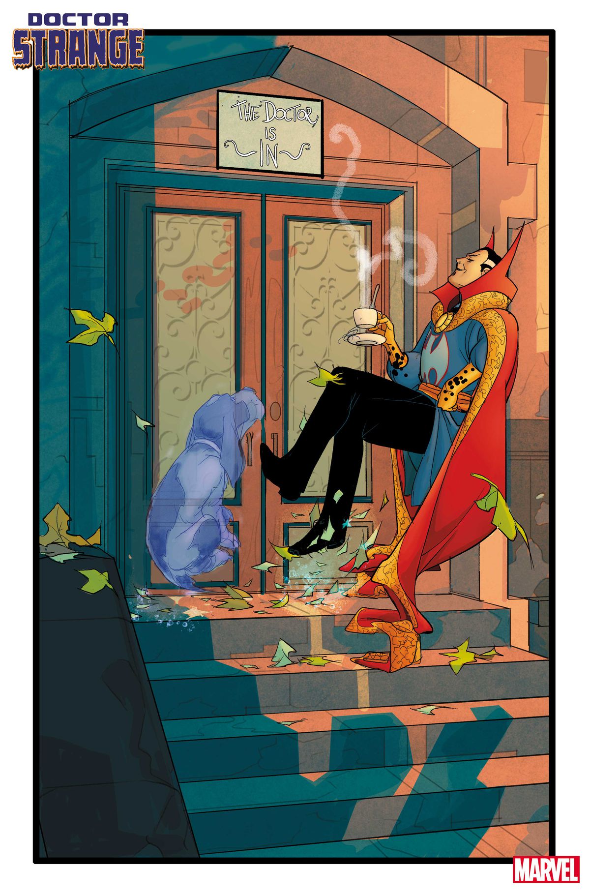 Il dottor Strange galleggia, sdraiato, sulla veranda della sua casa di città, con una levitante tazza di caffè fumante e il suo cane fantasma.  Un cartello sopra la sua porta dice IL DOTTORE È IN, in Doctor Strange # 1 (2023).