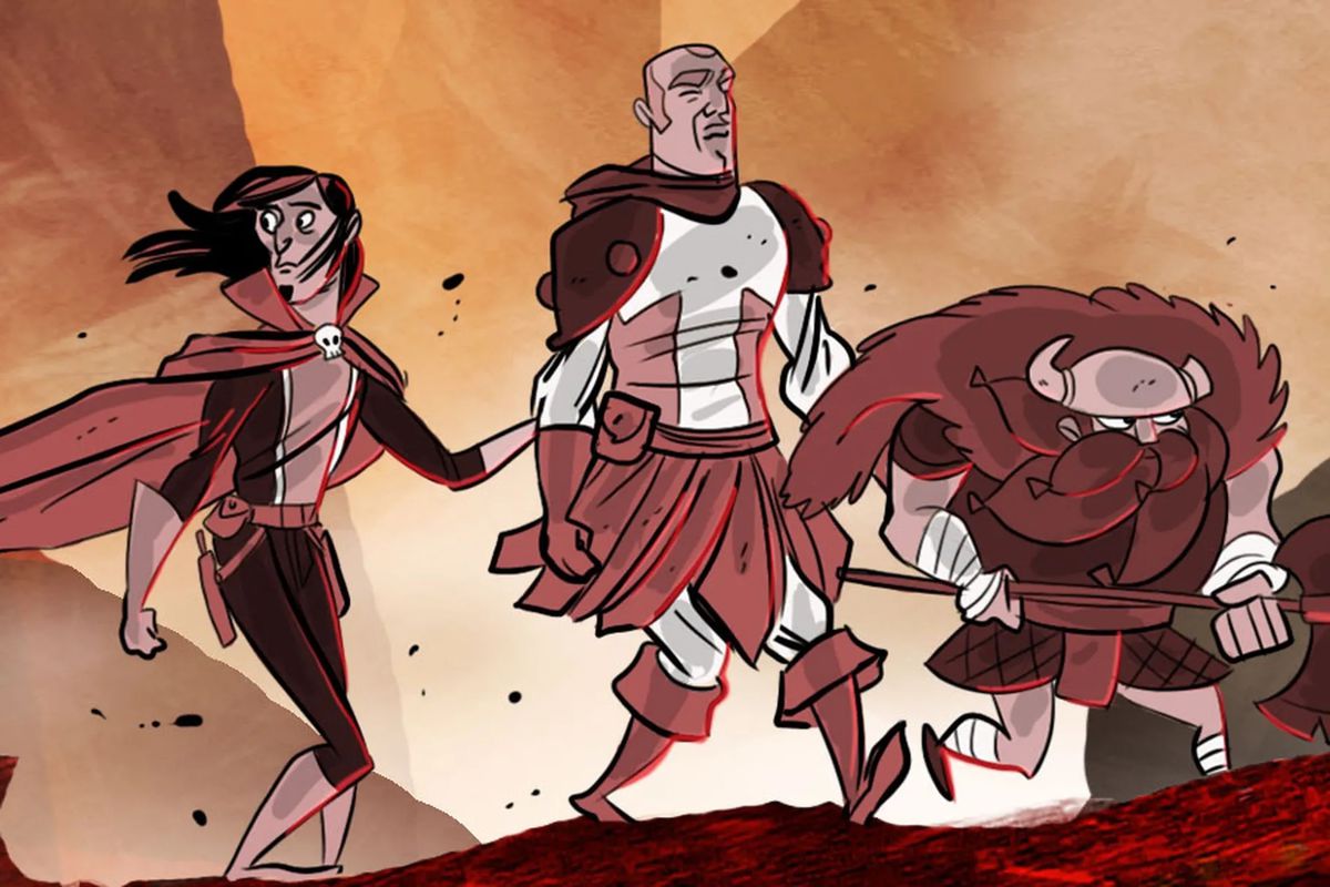 tre personaggi dei cartoni animati che camminano dal libro della campagna Acquisitions Incorporated.  indossano tutti un'armatura e hanno sguardi confusi sui loro volti.