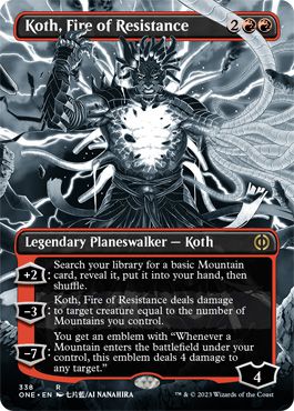Koth, Fire Resistance è un planeswalker leggendario.  Questa carta senza bordi è resa in bianco e nero.