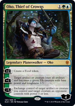 Oko, Thief of Crowns è un planeswalker leggendario.  Viene mostrato qui mentre gioca con un grosso pugnale.
