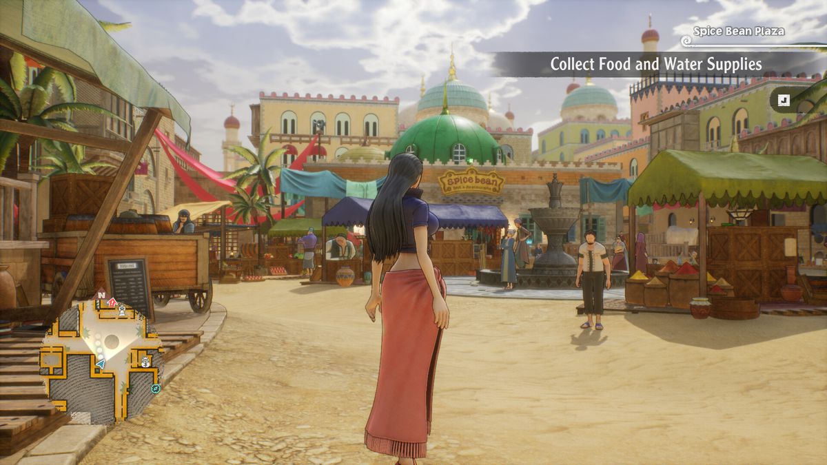 Un'inquadratura di Nico Robin da dietro mentre osserva un mercato durante una missione di recupero in One Piece Odyssey