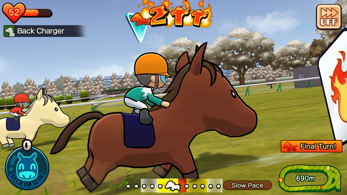Una vista di profilo ravvicinata di un cavallo da cartone animato e del suo fantino che cavalcano su una pista erbosa dal gioco Pocket Card Jockey: Ride On!