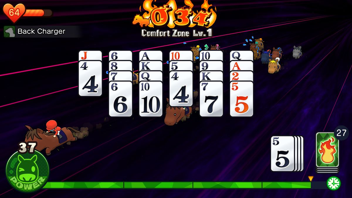 Una mano di solitario è sovrapposta a una pista oscura piena di cavalli dei cartoni animati nel gioco Pocket Card Jockey: Ride On!