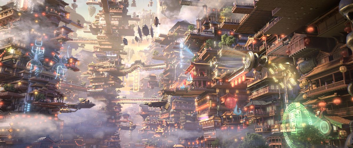Un affollato paesaggio urbano in CG nel film d'animazione cinese in CG New Gods: Yang Jian, che mostra un mix di architettura cinese, dirigibili galleggianti, ologrammi luminosi e nuvole alla deriva 