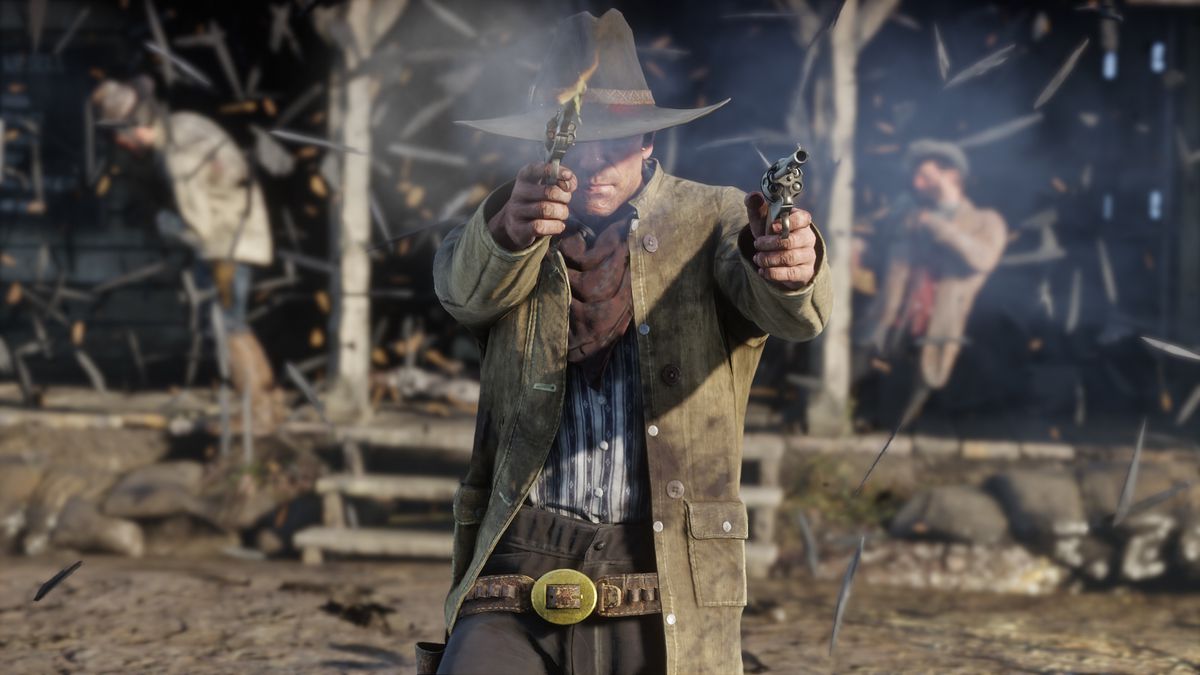 Red Dead Redemption 2 - Arthur Morgan spara con due revolver