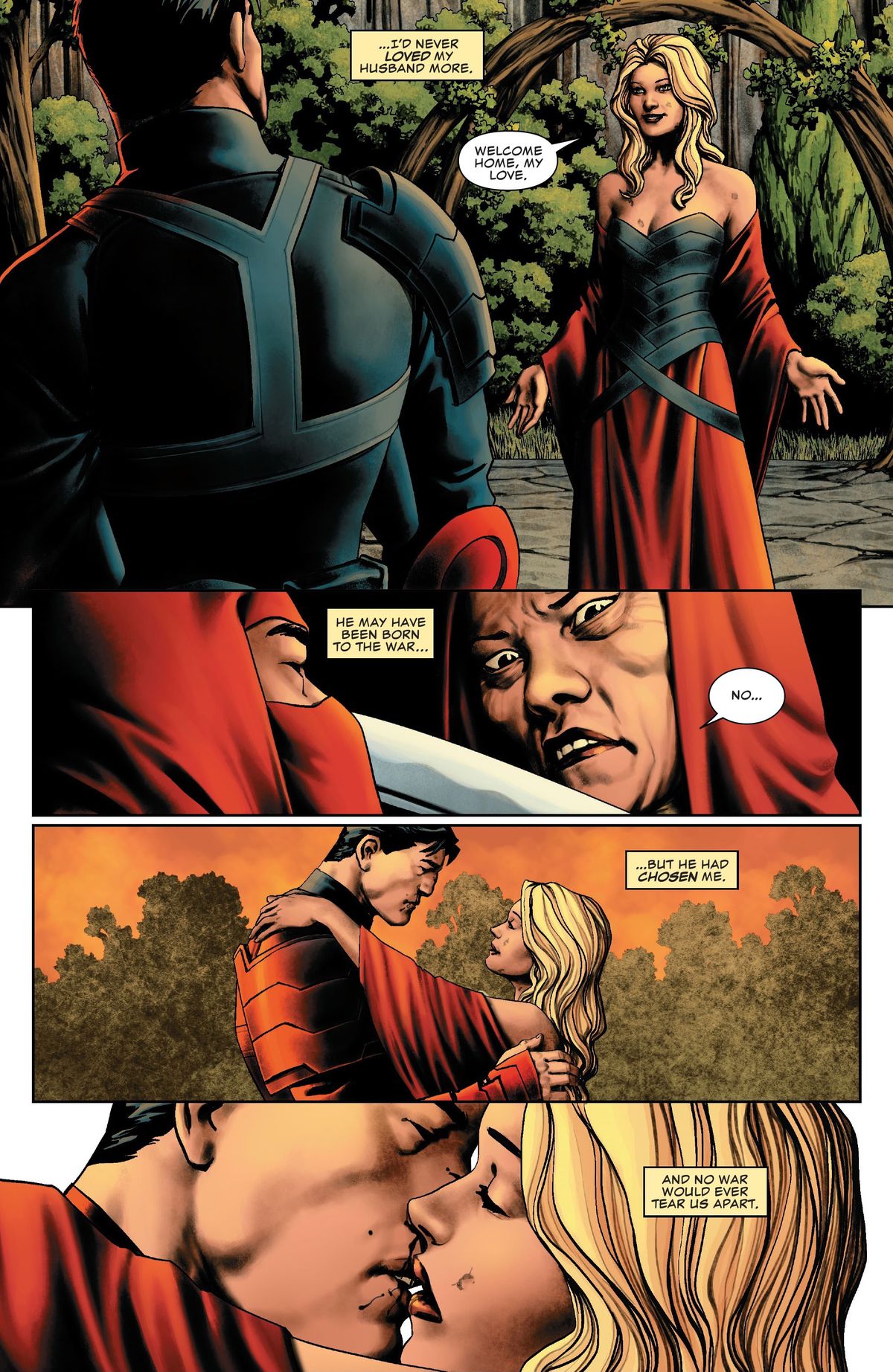 Maria, che indossa un abito da cattivo, abbraccia suo marito, riflettendo nella narrazione su come la sua affinità per l'omicidio sia stata resa amabile quando ha dimostrato di essere disposto a rinunciare per lei, in Punisher # 9 (2023).