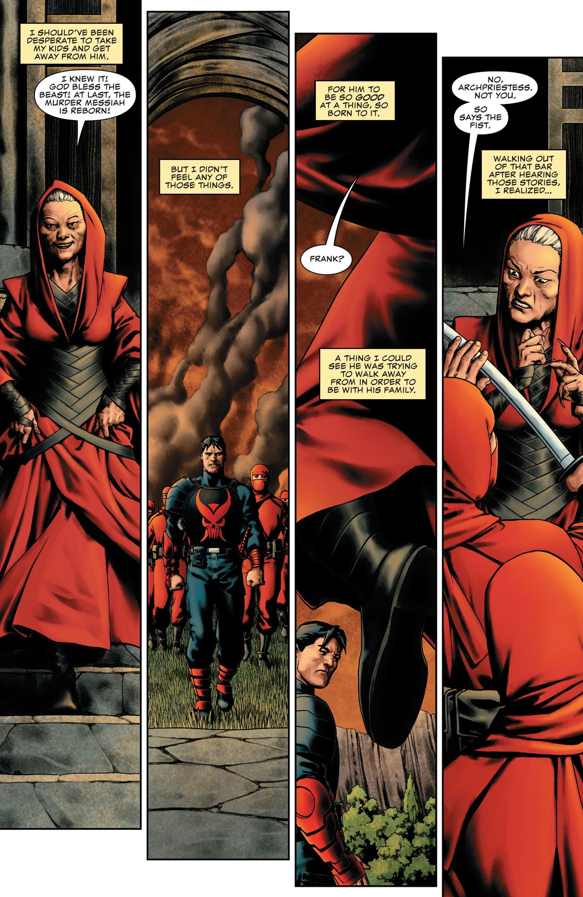 I ninja del Punitore impediscono all'alta sacerdotessa della Mano di avvicinarsi a lui.  Nella narrazione, Maria Castle dice che avrebbe dovuto aver paura di suo marito dopo aver scoperto quanto fosse bravo suo marito nell'omicidio.  Ma ha visto che stava cercando di lasciarsi alle spalle per amore della sua famiglia, in Punisher # 9 (2023). 