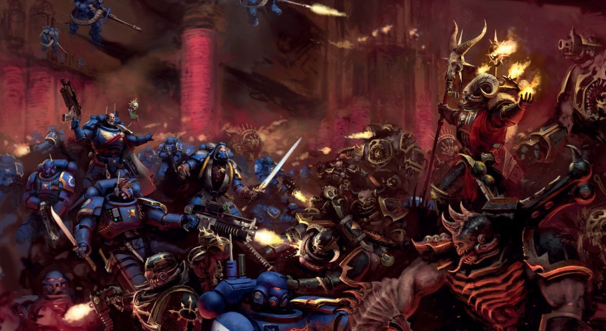 Warhammer 40.000 - Gli Ultramarine sono impegnati in una sanguinosa battaglia contro la Legione Nera.  Gli Space Marine del Caos lanciano palle di fuoco ed evocano demoni.