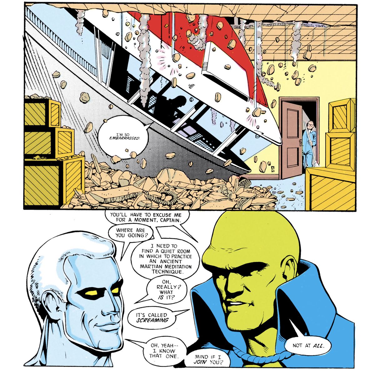 Un enorme velivolo sfonda il soffitto di un magazzino dell'edificio.  Nel pannello successivo, il Martian Manhunter invita Captain Atom a unirsi a lui in “un'antica tecnica di meditazione marziana [...] Si chiama urlare”. 