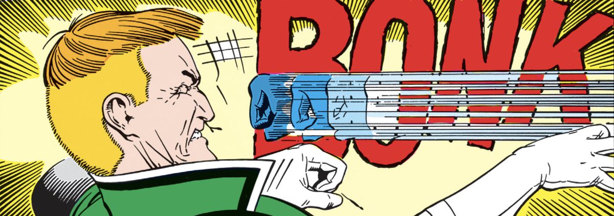 Con un enorme effetto sonoro BONK, Guy Gardner (Lanterna Verde) si riprende dal pugno di Batman in Justice League International #5 (1988).
