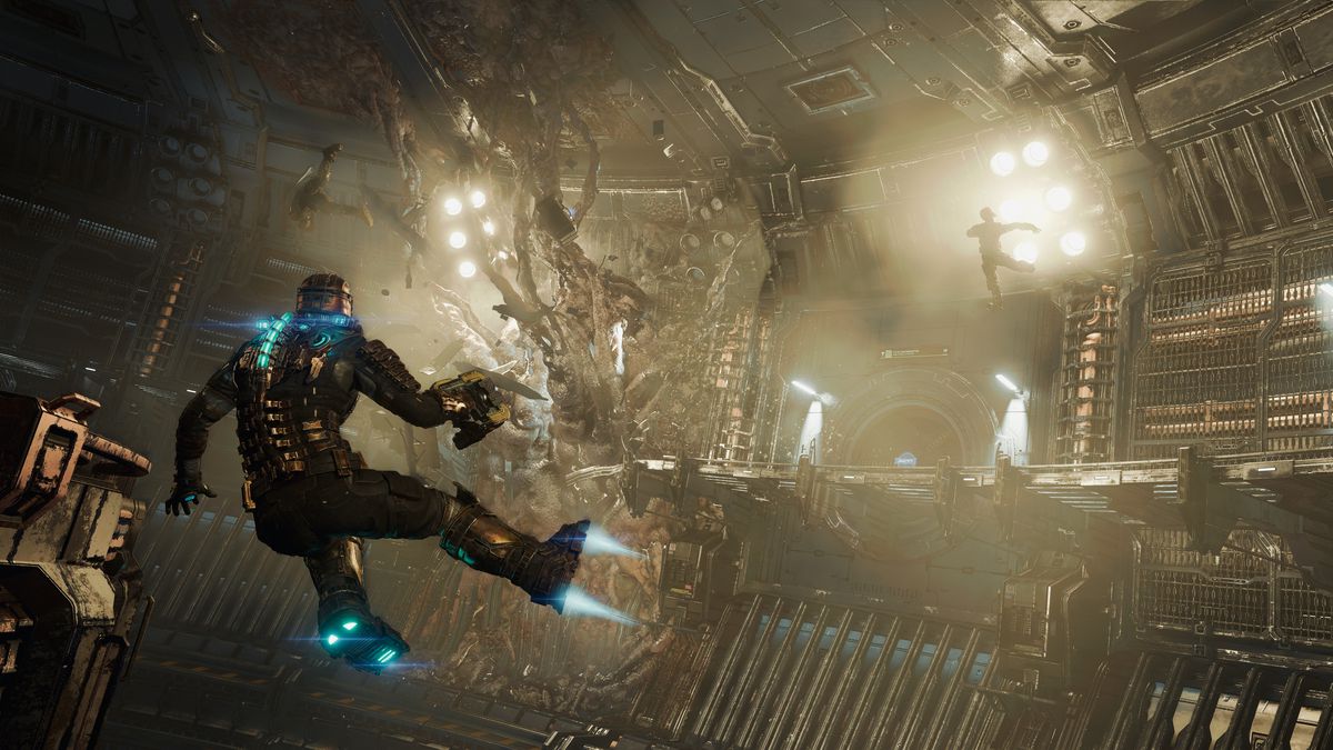 Isaac Clarke fluttua attraverso una camera aperta che è stata invasa da viticci alieni organici in uno screenshot del remake del 2023 di Dead Space