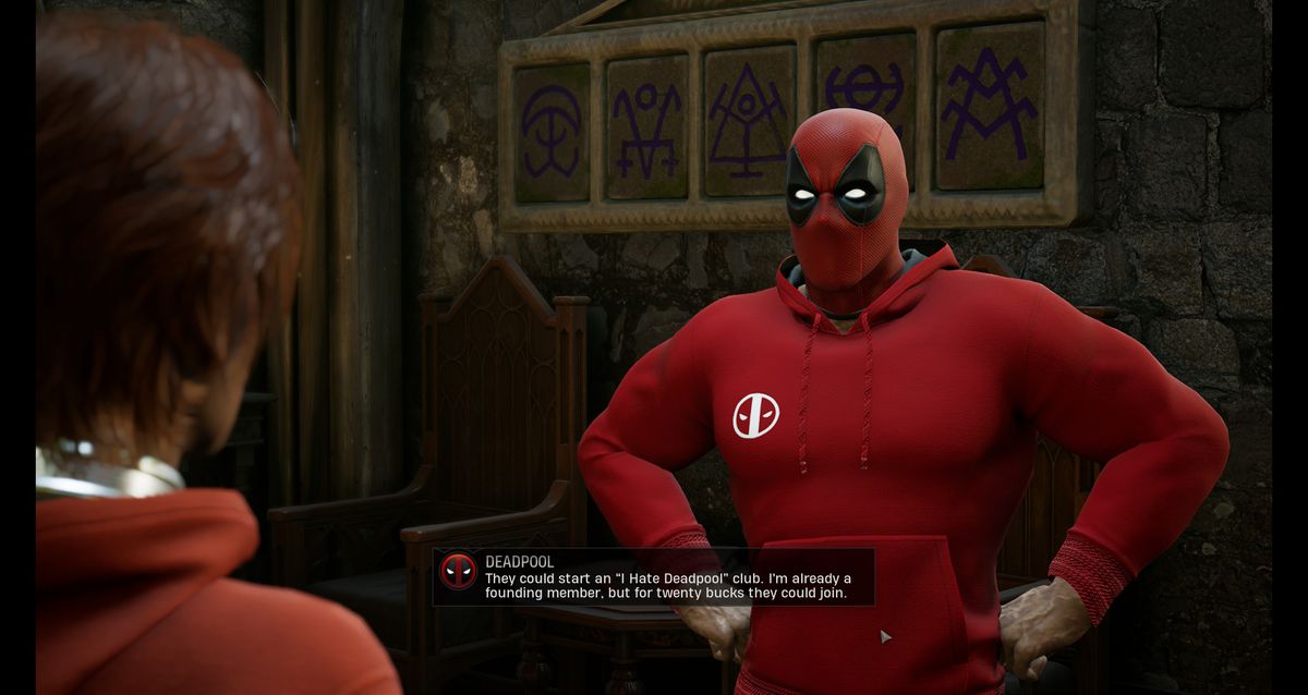 Deadpool parla con il cacciatore di come pensa che tutti all'Abbazia lo odino: “Potrebbero fondare un club 'I Hate Deadpool'.  Sono già un membro fondatore, ma per venti dollari potrebbero aderire.