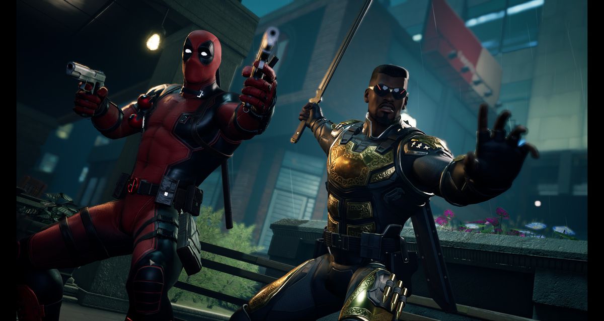 Deadpool e Blade posano uno accanto all'altro con le loro armi estratte in Marvel's Midnight Suns