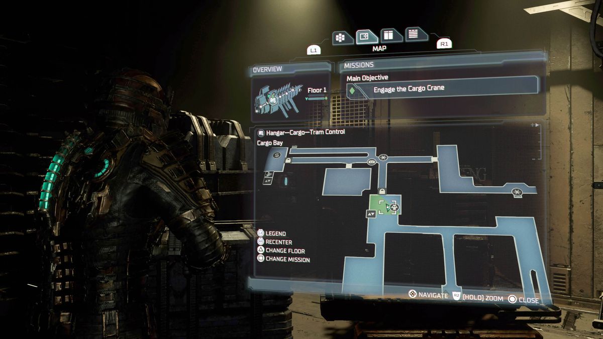 HUD del RIG di Dead Space che mostra la posizione dell'armadietto sulla mappa.