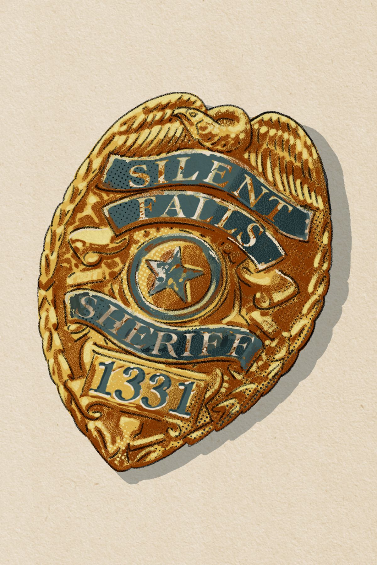Un distintivo del dipartimento dello sceriffo di Silent Falls, numero 1221. Oro con una stella al centro.