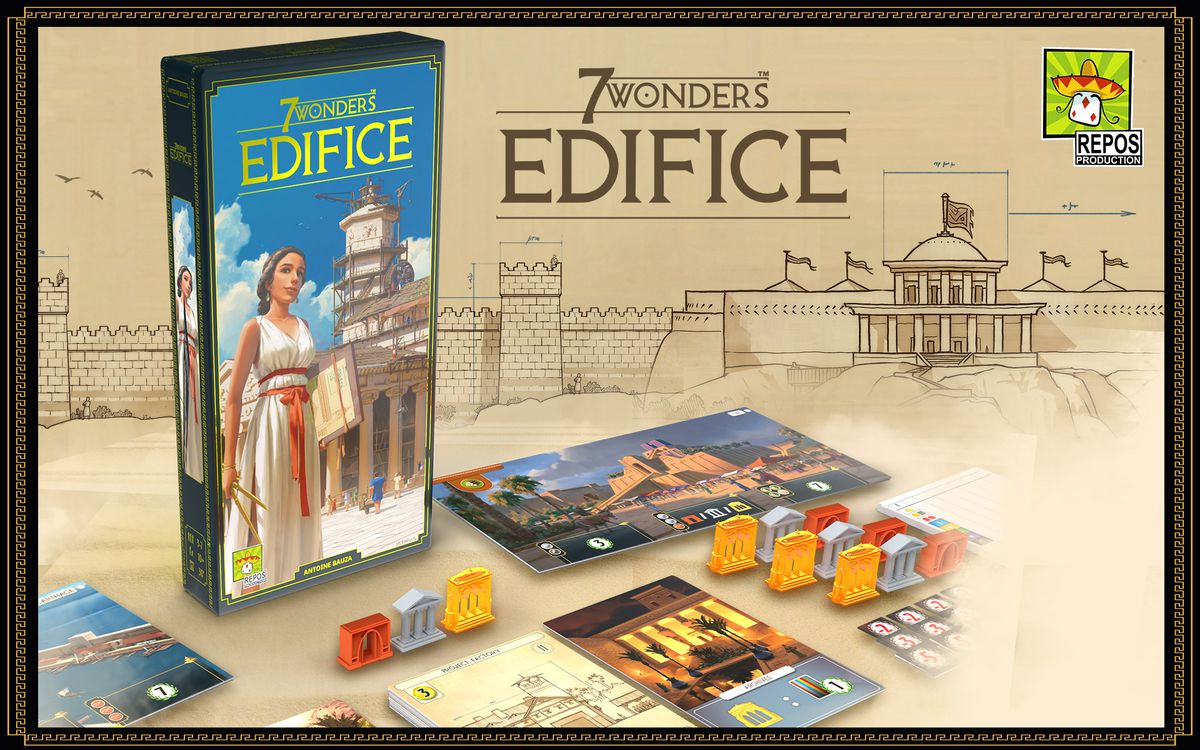 Un'immagine PR della box art e dei contenuti di 7 Wonders: Edifice. 