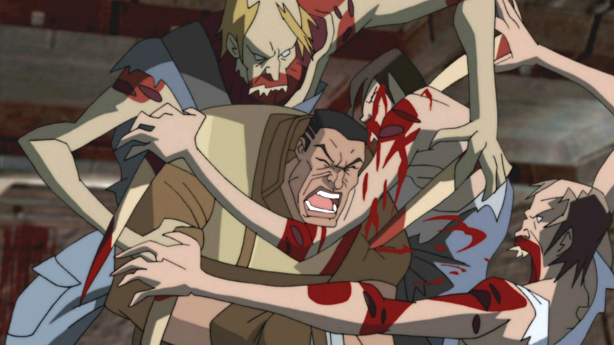 Un uomo animato in un'uniforme marrone che urla mentre viene assalito da creature mutanti simili a zombi.