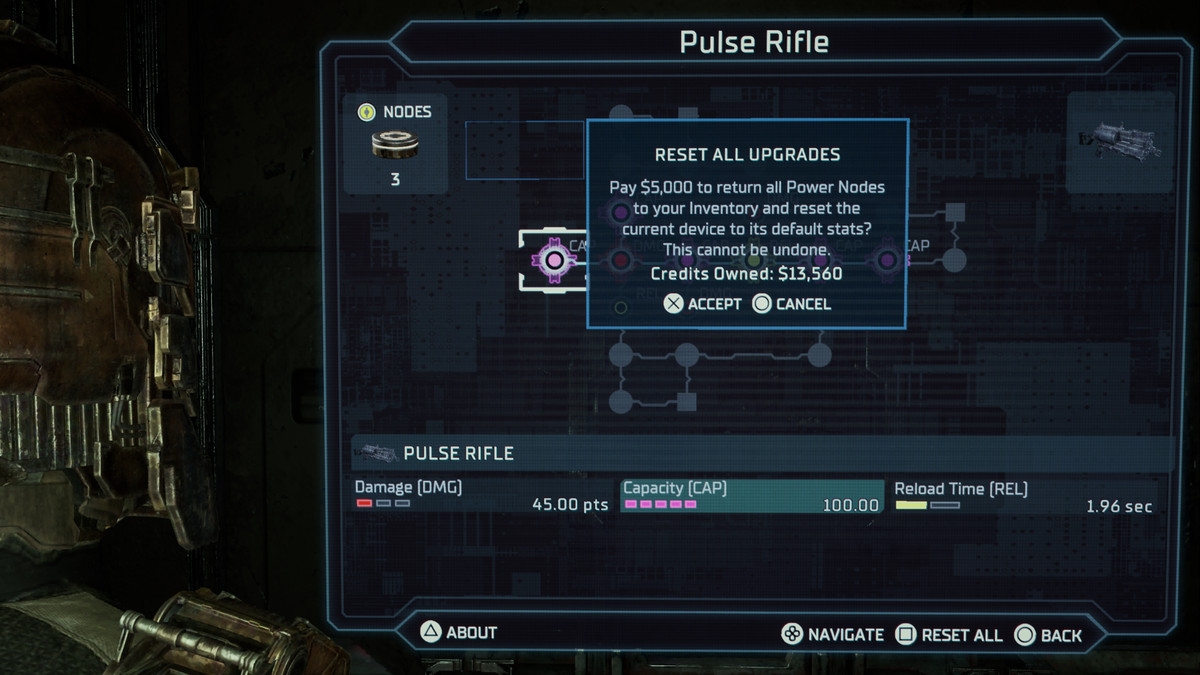 Dead Space Isaac usa una panchina per ripristinare tutti i nodi di aggiornamento nel fucile a impulsi.