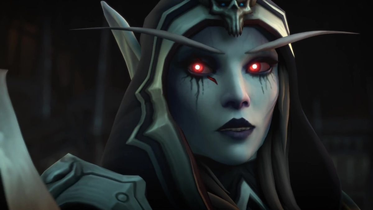 World of Warcraft: Shadowlands - Sylvanas Windrunner, un elfo non morto con luminosi occhi rossi, parla a una figura fuori campo con un'espressione speranzosa.