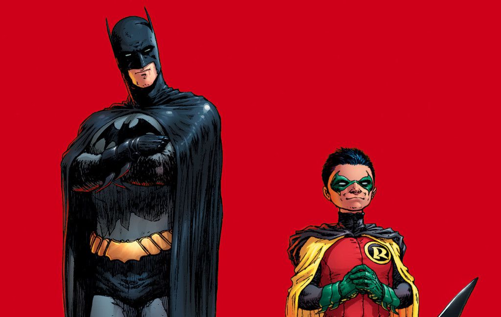 Batman incrocia le mani guardando un ragazzino Robin nella corsa di Batman di Grant Morrison