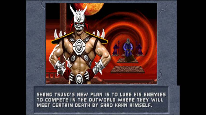 Uno schermo in modalità di attrazione inutilizzato che stabilisce la storia di Mortal Kombat 2 del 1993;  Shao Kahn, che indossa una corazza e un elmo simile a un teschio, posa davanti a un portale ultraterreno attraverso il quale si possono vedere misteriose figure simili a maghi