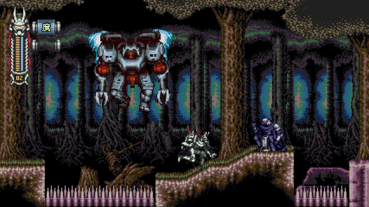Moonrider corre attraverso un livello boscoso su una piattaforma circondata da spuntoni, affrontando un ninja nemico e venendo preso di mira da un robot umanoide volante sullo sfondo