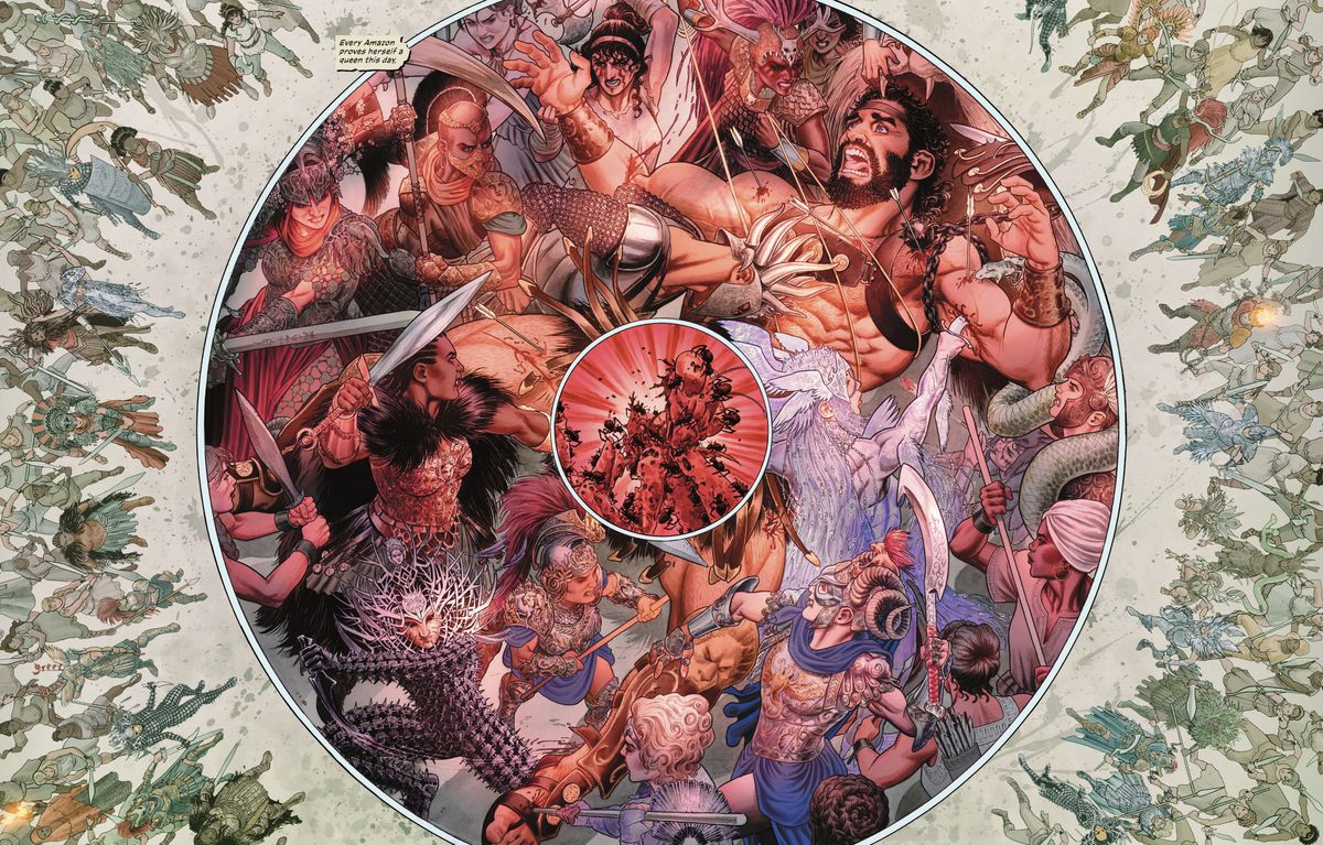 Una serie di cerchi concentrici raffigura le Amazzoni che squarciano Ercole arto per arto.  Un cerchio esterno di Amazzoni in piedi, un grande cerchio interno di Amazzoni furiose che lo pugnalano, lo tagliano e lo picchiano mentre urla, e un piccolo cerchio centrale di formiche che travolge una mantide predatrice in Wonder Woman Historia: The Amazons # 3. 