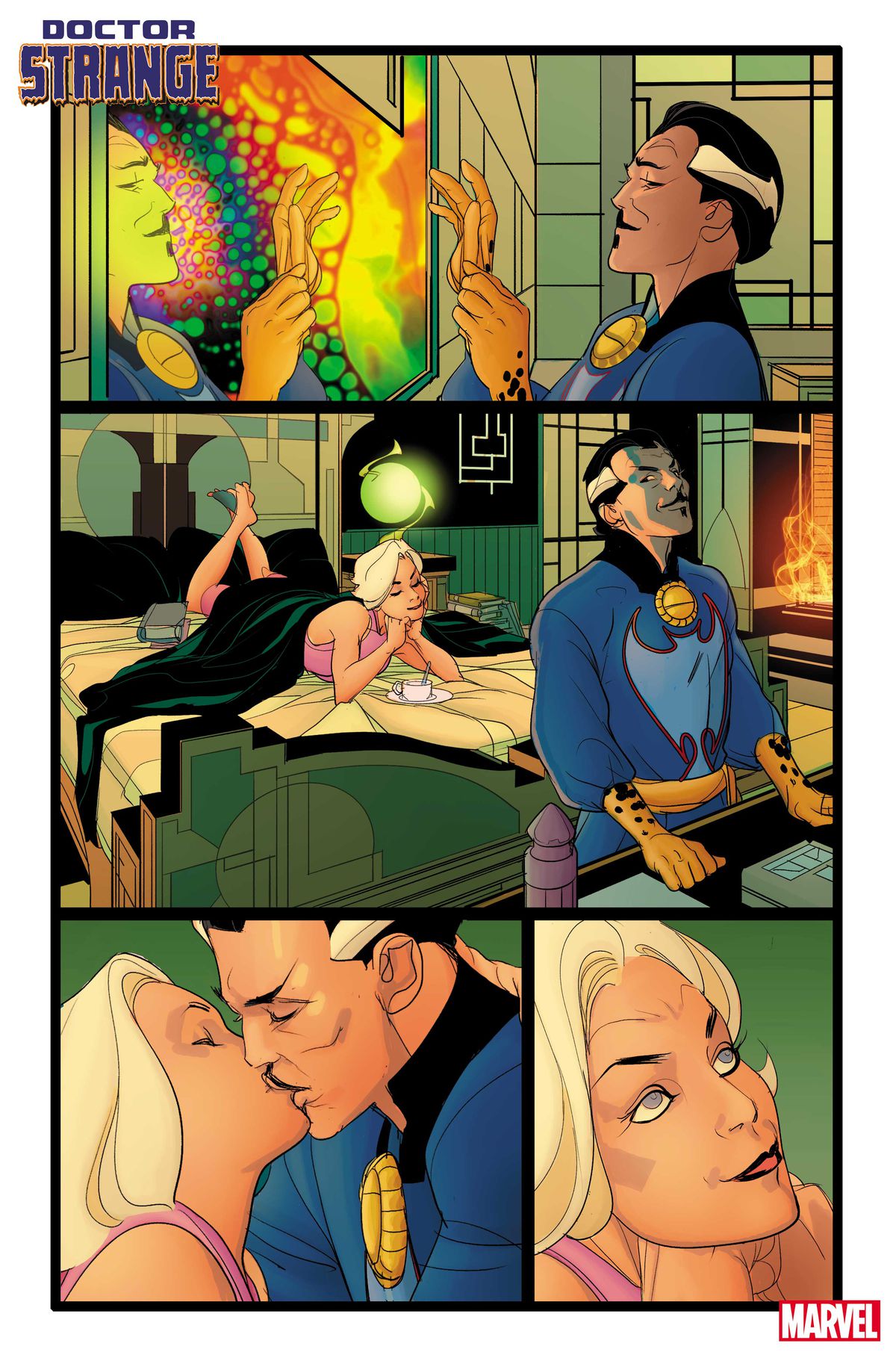 Doctor Strange e Clea si rilassano nella loro camera da letto e si scambiano un bacio in Doctor Strange # 1 (2023).